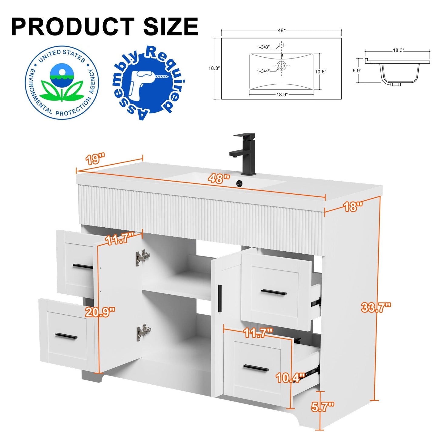 Set per bagno Wavy Line con mobile lavabo e miscelatore, disponibile nelle misure 30/36/48 pollici.