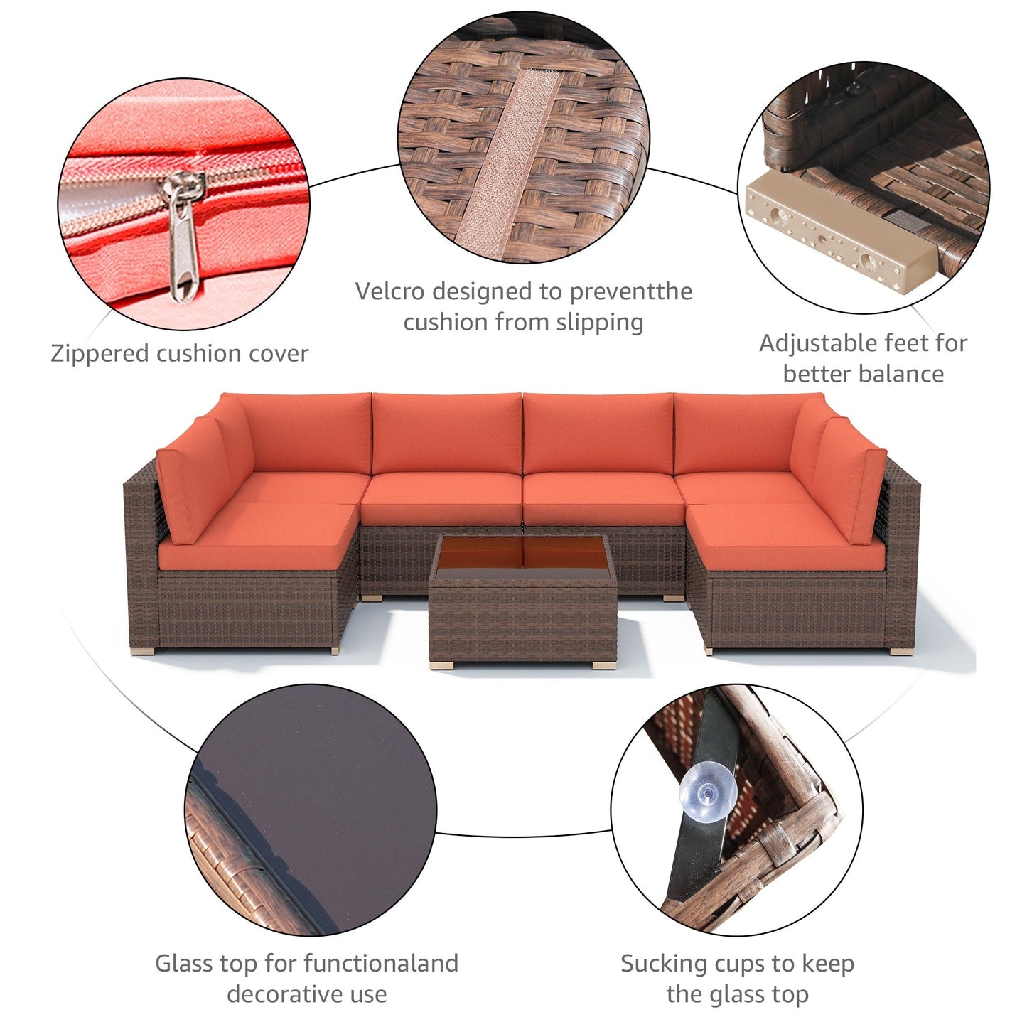 Set di divani componibili da esterno in vimini/acciaio con cuscini, 7 pezzi