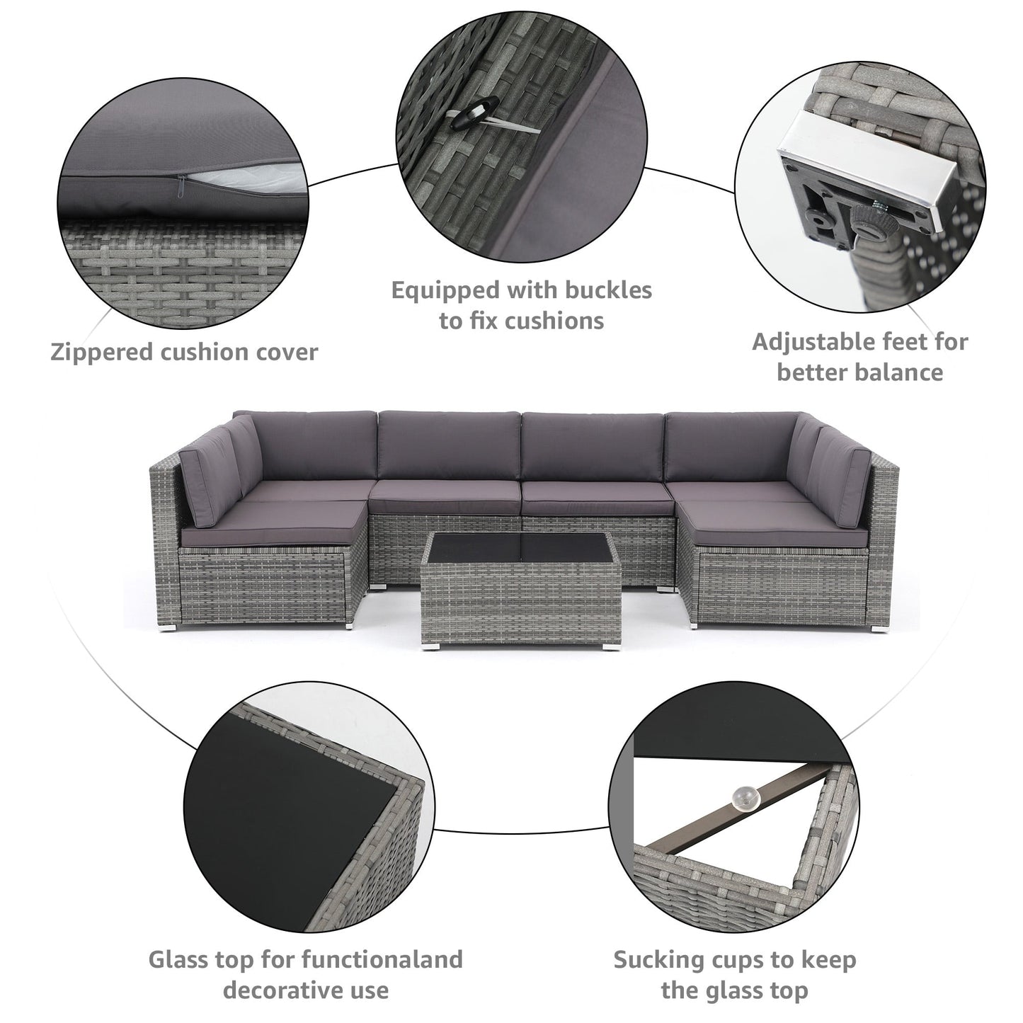 Set di divani componibili da esterno in vimini/acciaio con cuscini, 7 pezzi