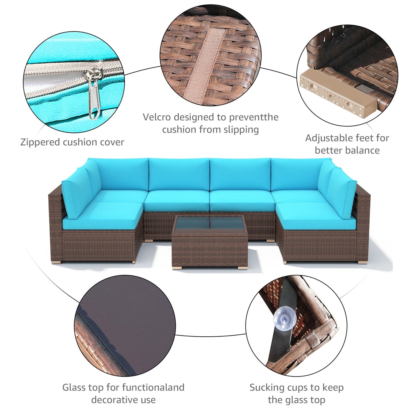 Set di divani componibili da esterno in vimini/acciaio con cuscini, 7 pezzi