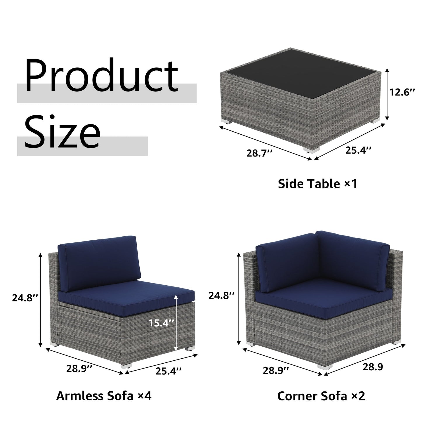 Set di divani componibili da esterno in vimini/acciaio con cuscini, 7 pezzi