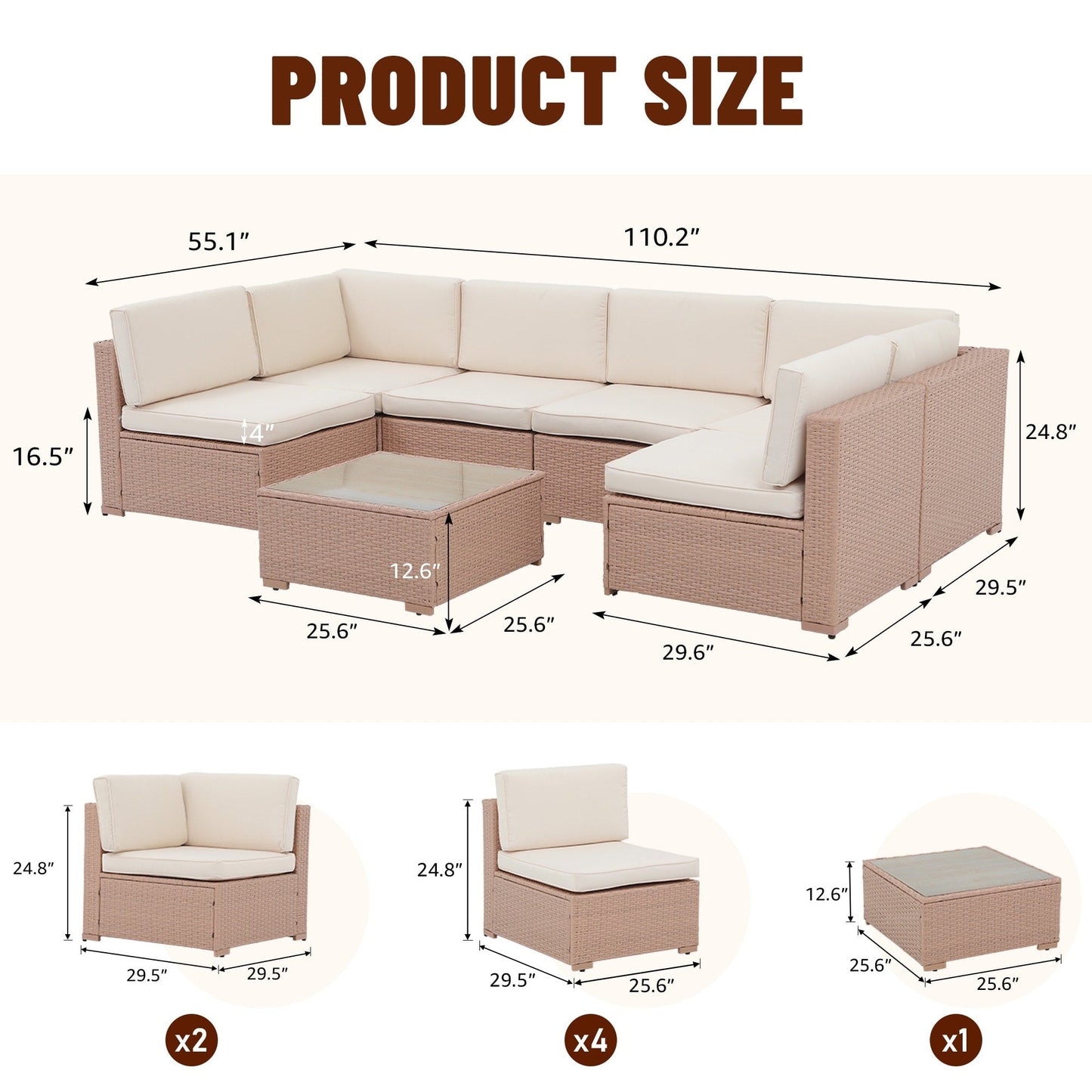 Set di divani componibili da esterno in vimini/acciaio con cuscini, 7 pezzi
