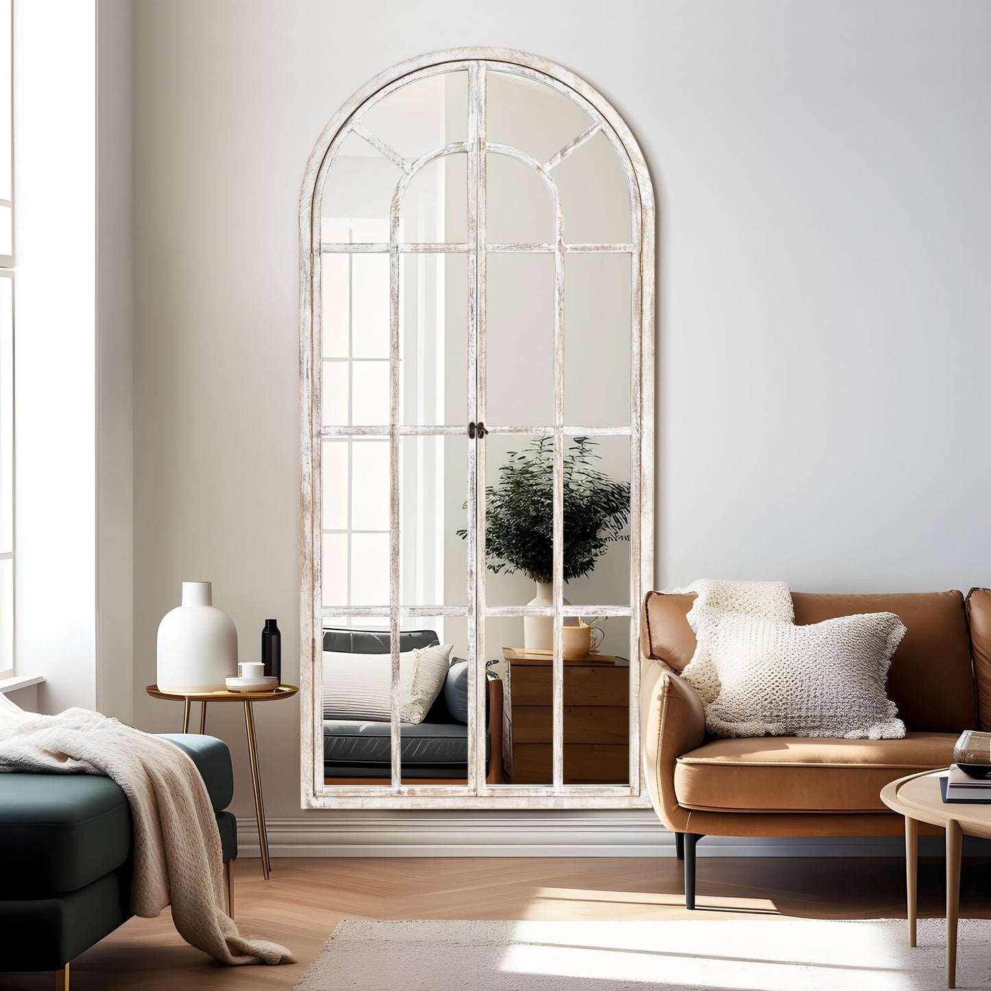 Specchio a finestra con cornice in legno ad arco, 180 cm (L) x 79 cm (A)