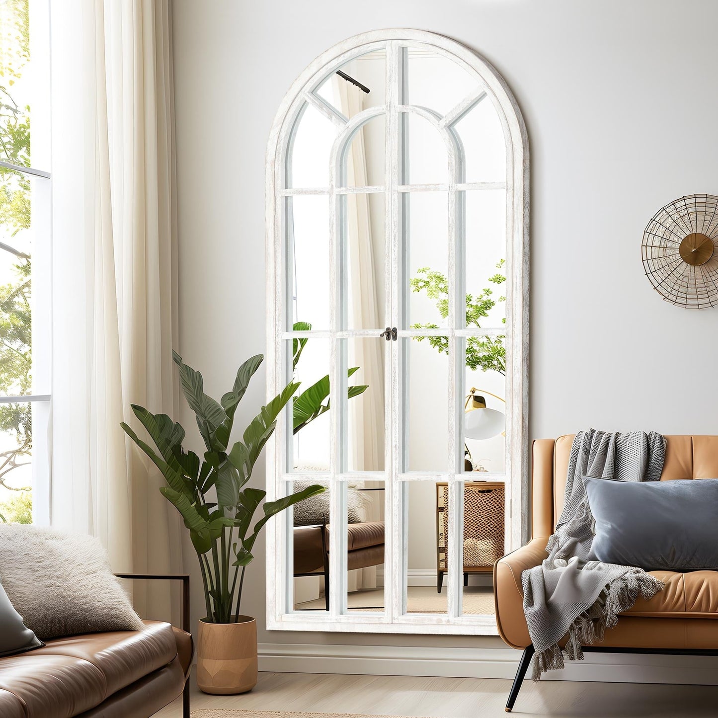 Specchio a finestra con cornice in legno ad arco, 180 cm (L) x 79 cm (A)