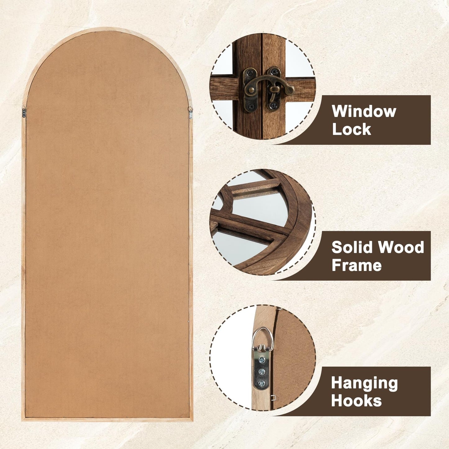 Specchio a finestra con cornice in legno ad arco, 180 cm (L) x 79 cm (A)