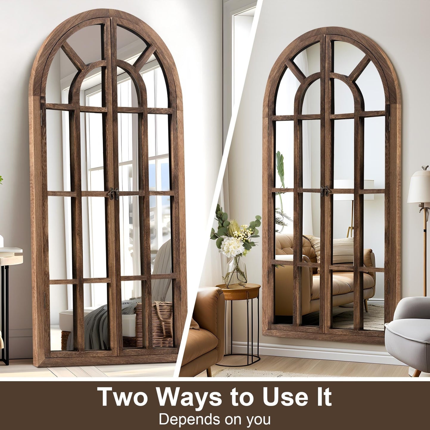 Specchio a finestra con cornice in legno ad arco, 180 cm (L) x 79 cm (A)