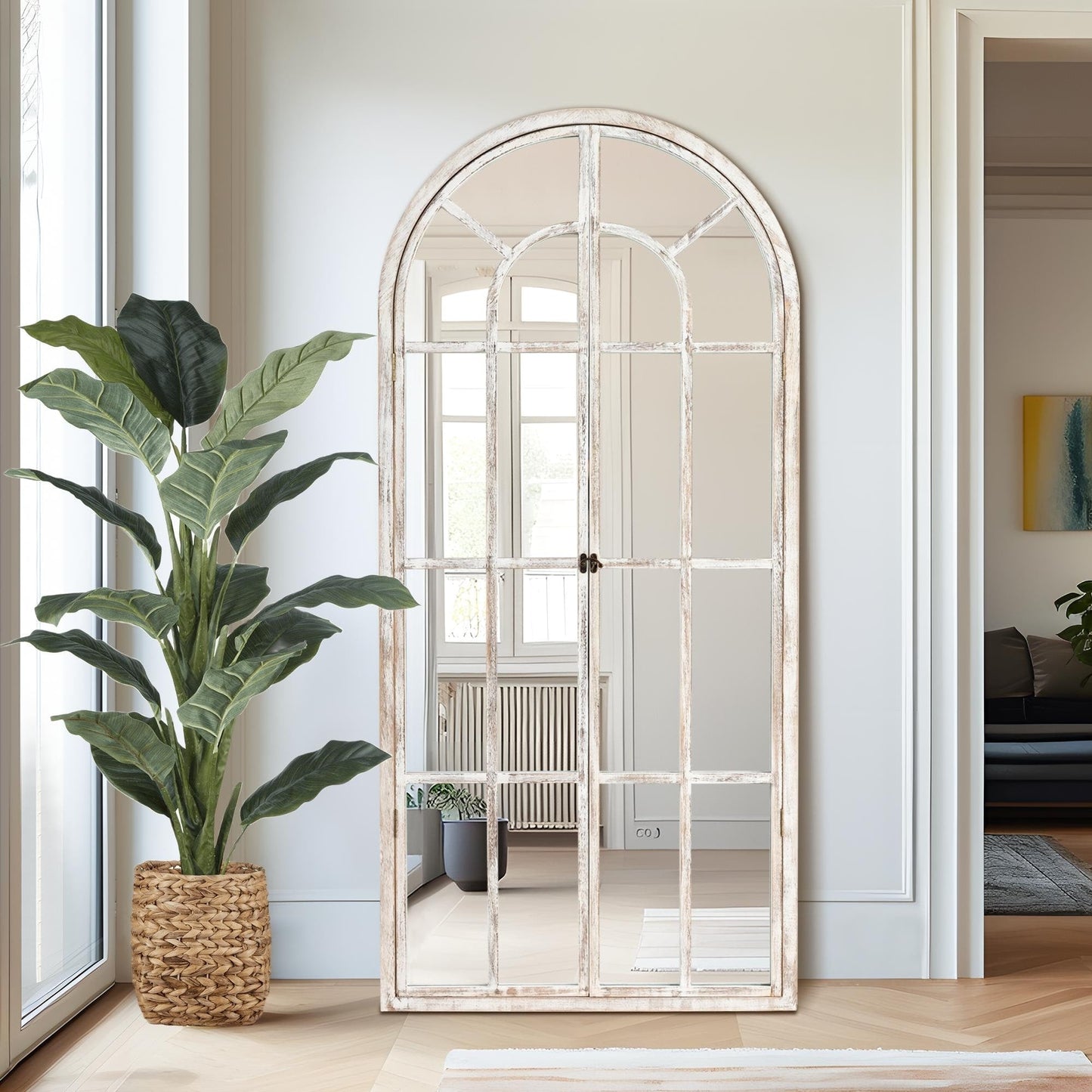 Specchio a finestra con cornice in legno ad arco, 180 cm (L) x 79 cm (A)