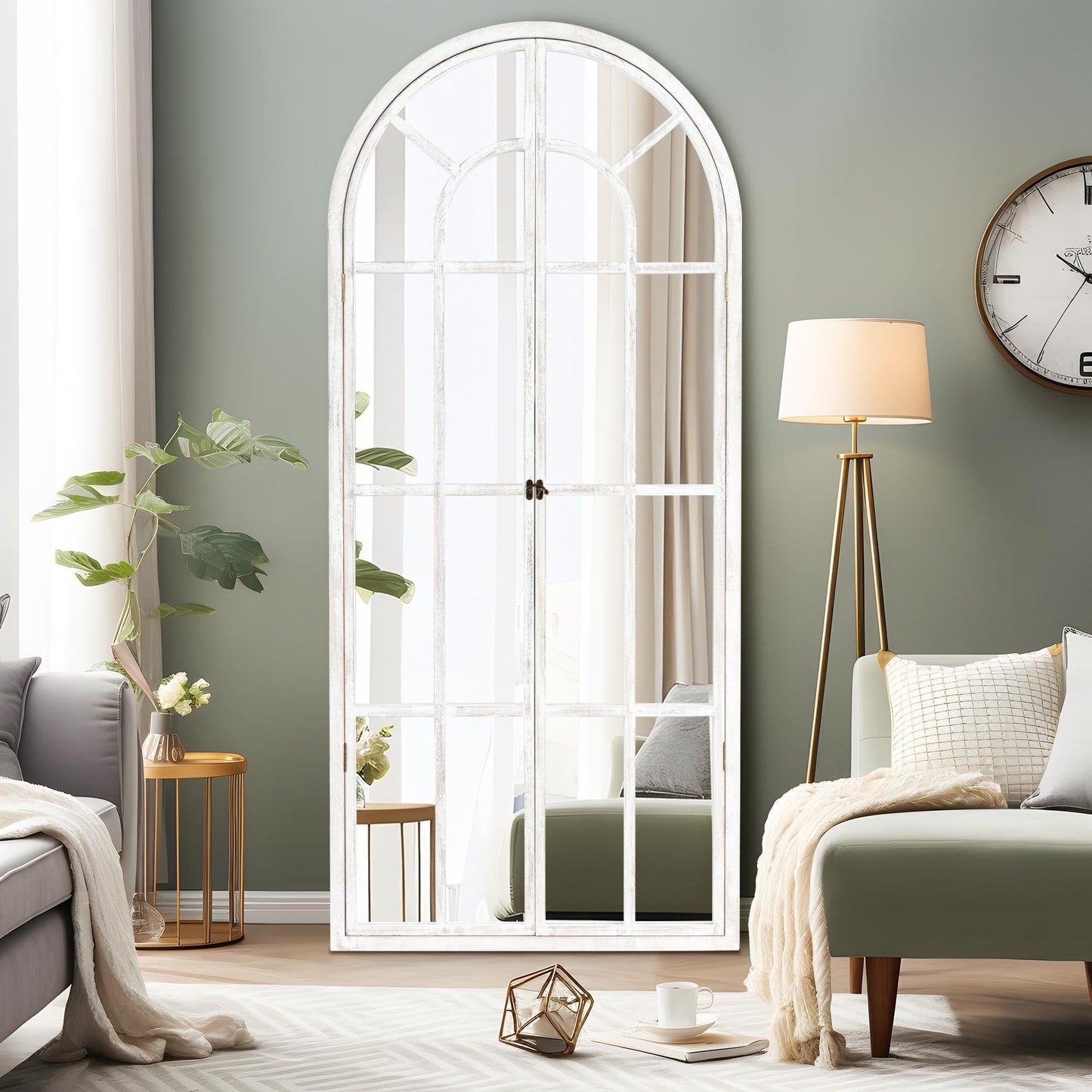 Specchio a finestra con cornice in legno ad arco, 180 cm (L) x 79 cm (A)