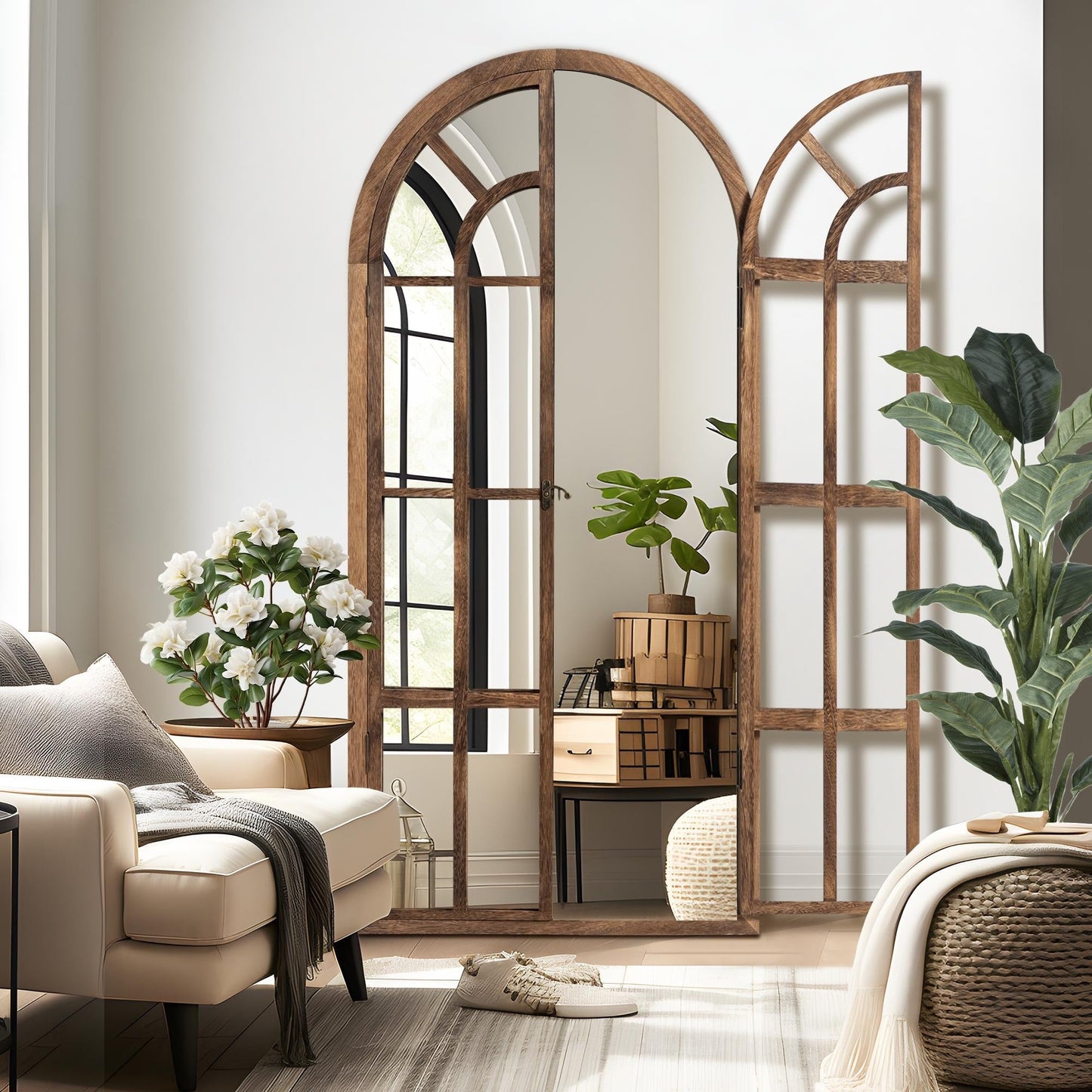 Specchio a finestra con cornice in legno ad arco, 180 cm (L) x 79 cm (A)