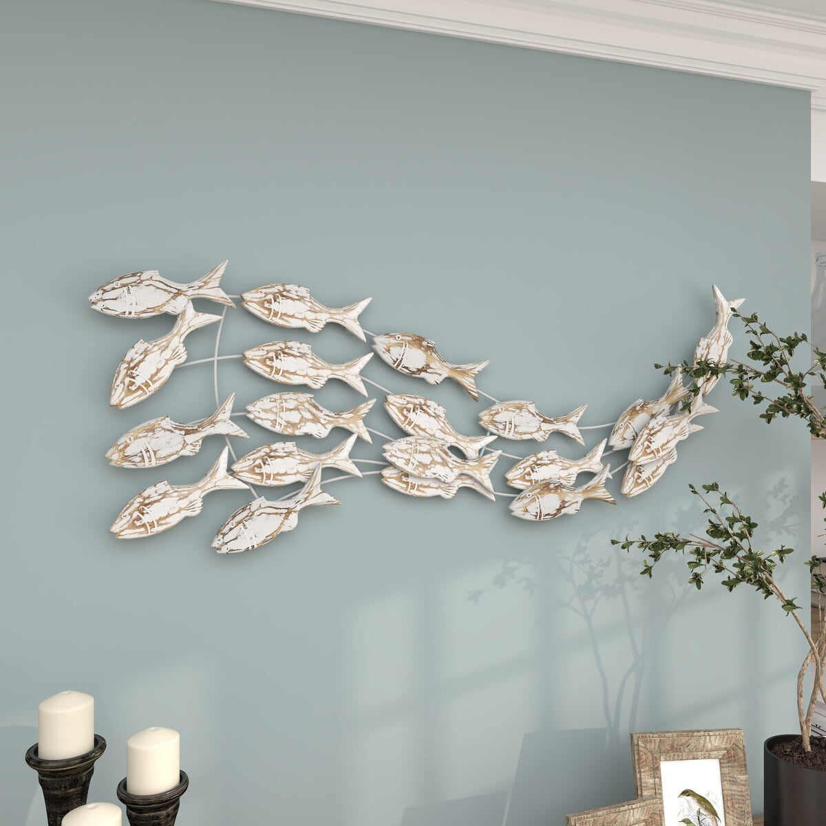 Decorazione murale per la casa a forma di pesce in legno, realizzata a mano, con effetto anticato marrone - Bianco - Roche River Decor