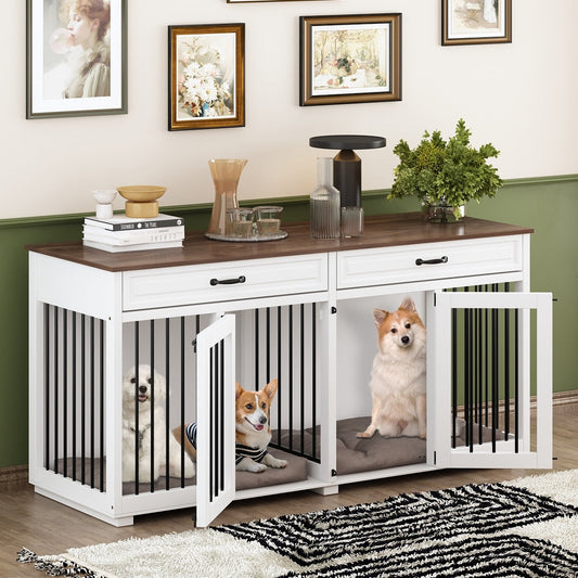 Casetta per cani in legno doppia con mobile contenitore, 2 cassetti e divisorio.