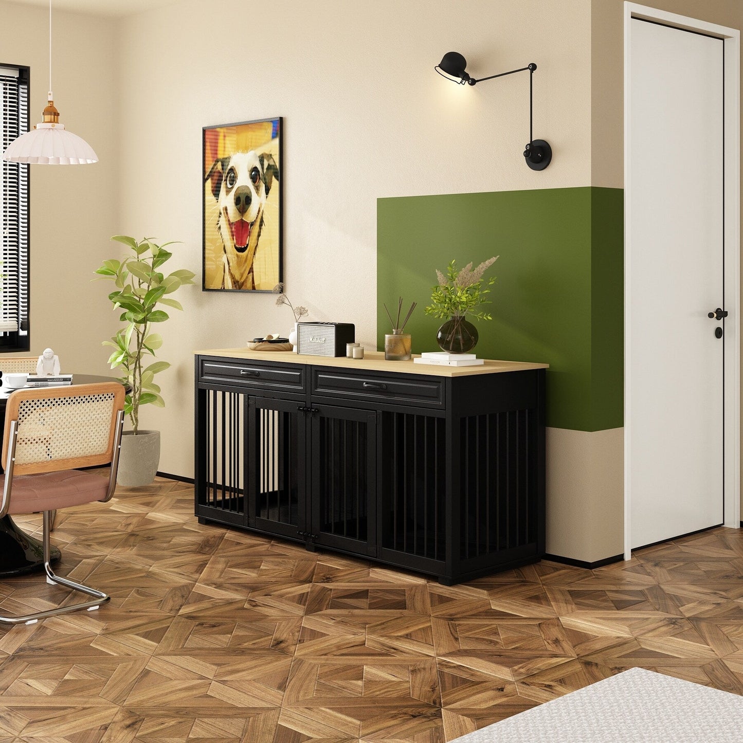 Casetta per cani in legno doppia con mobile contenitore, 2 cassetti e divisorio.