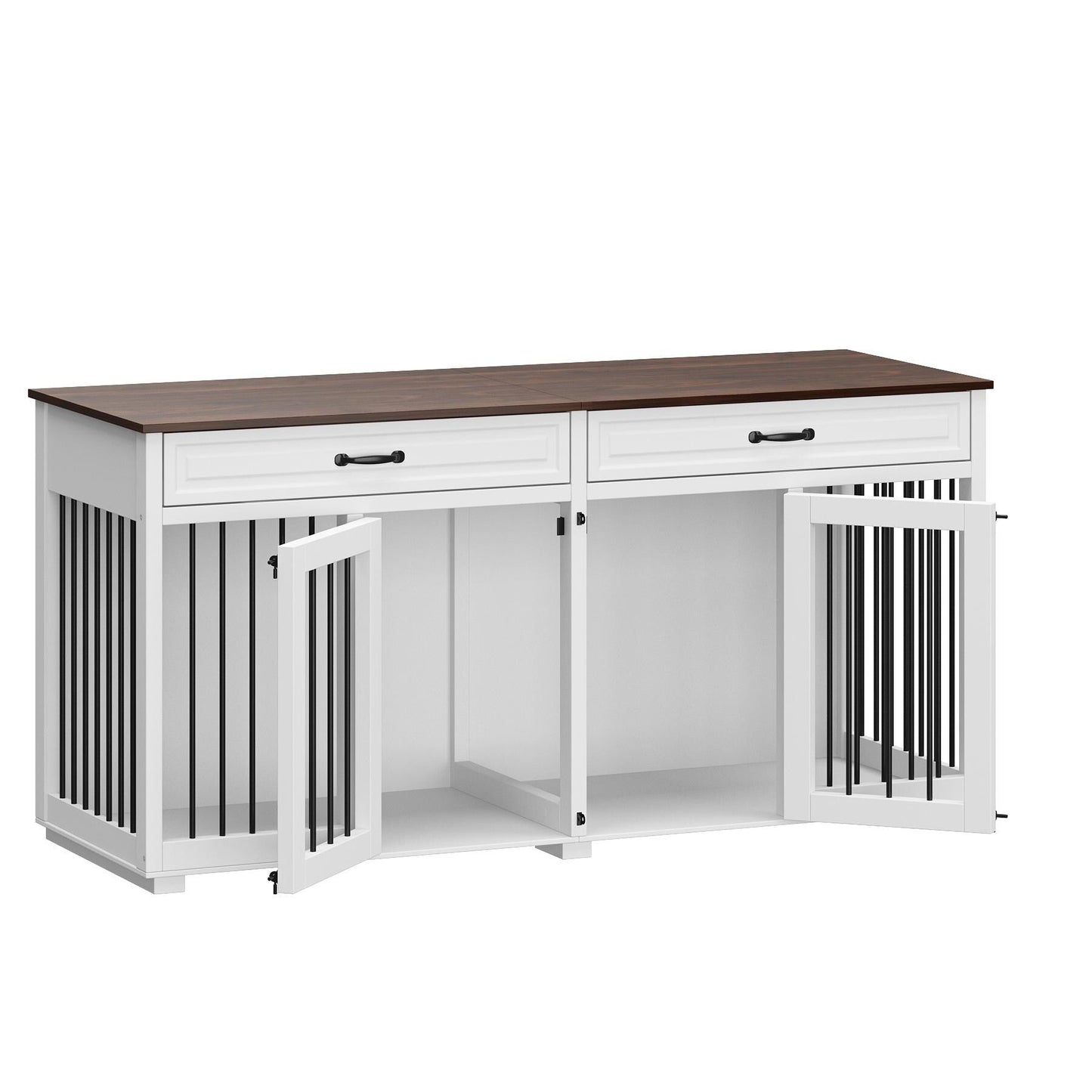 Casetta per cani in legno doppia con mobile contenitore, 2 cassetti e divisorio.