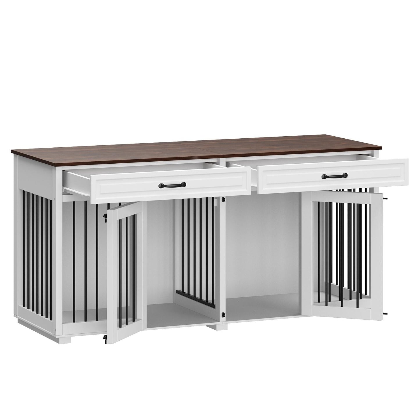 Casetta per cani in legno doppia con mobile contenitore, 2 cassetti e divisorio.