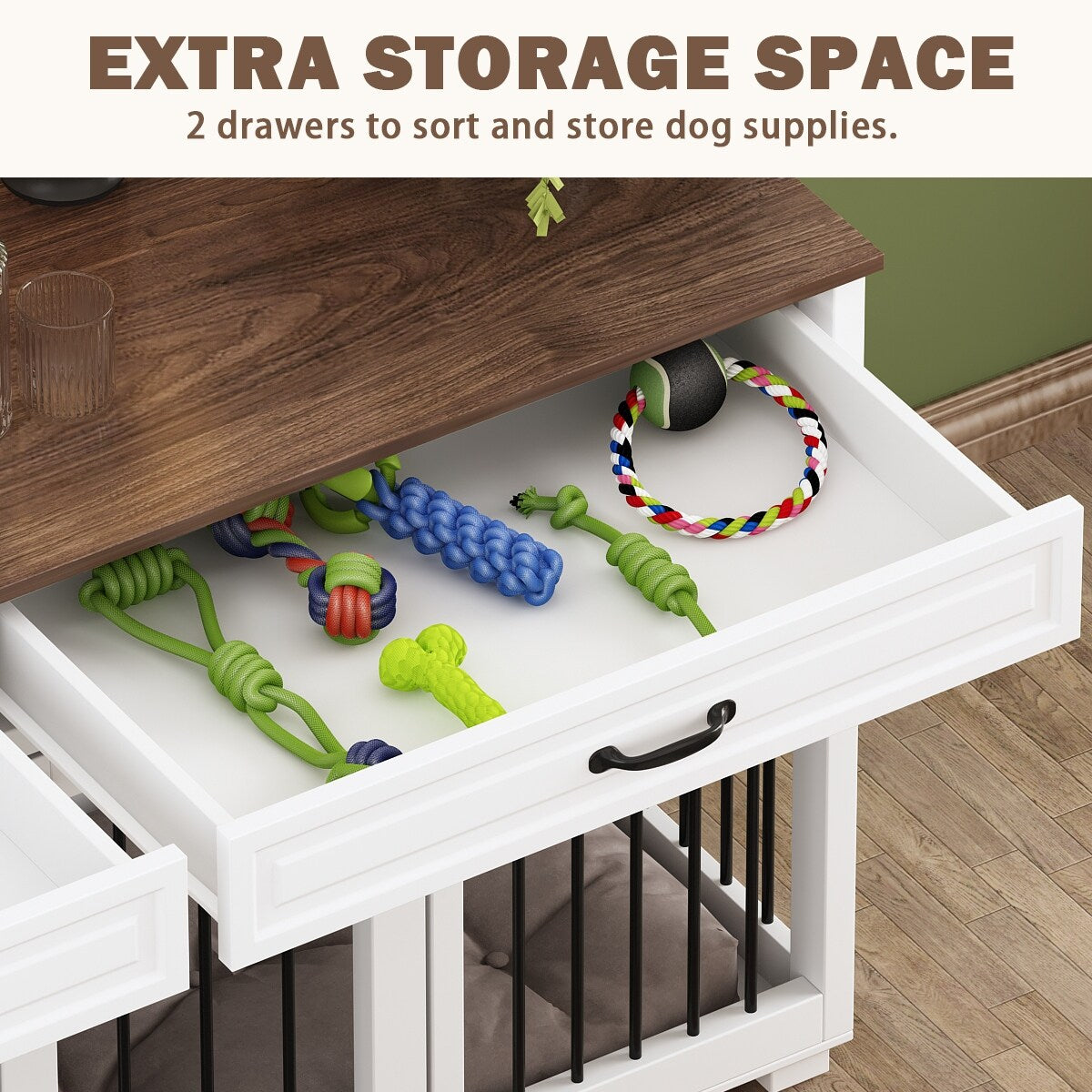 Casetta per cani in legno doppia con mobile contenitore, 2 cassetti e divisorio.