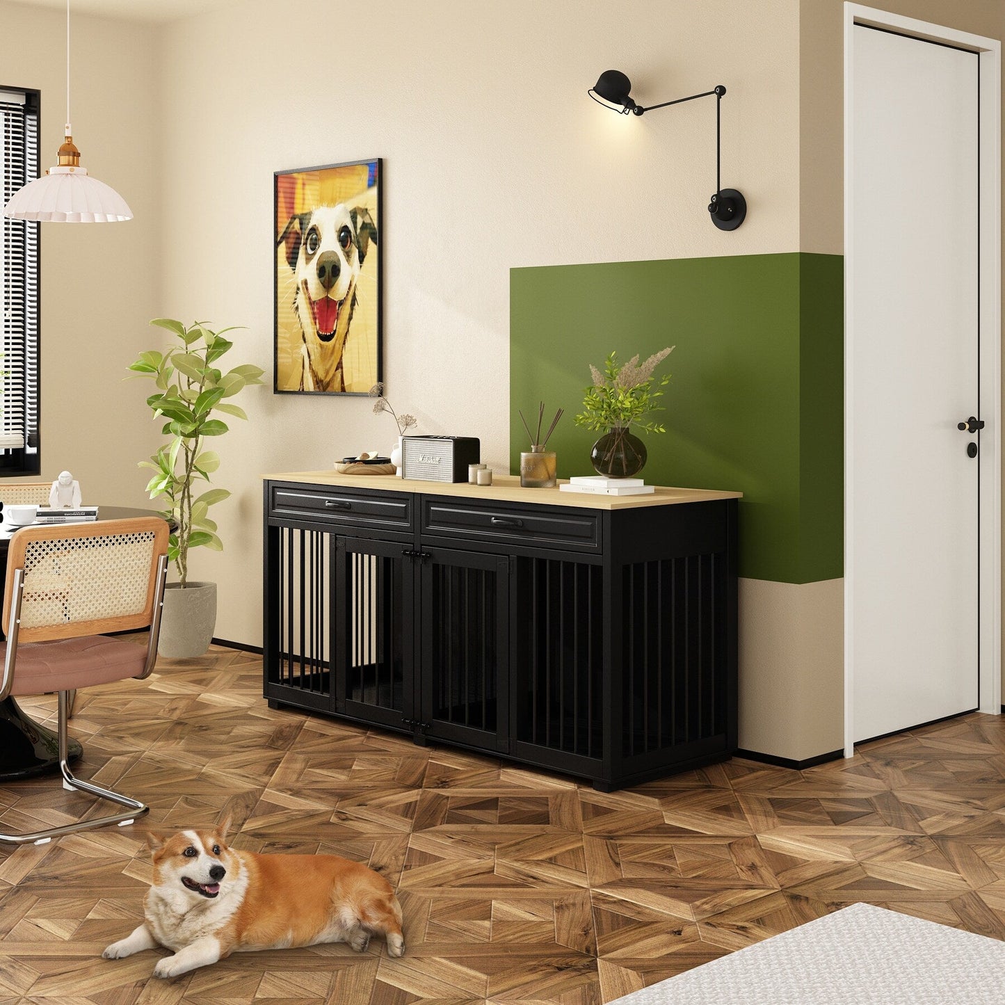 Casetta per cani in legno doppia con mobile contenitore, 2 cassetti e divisorio.