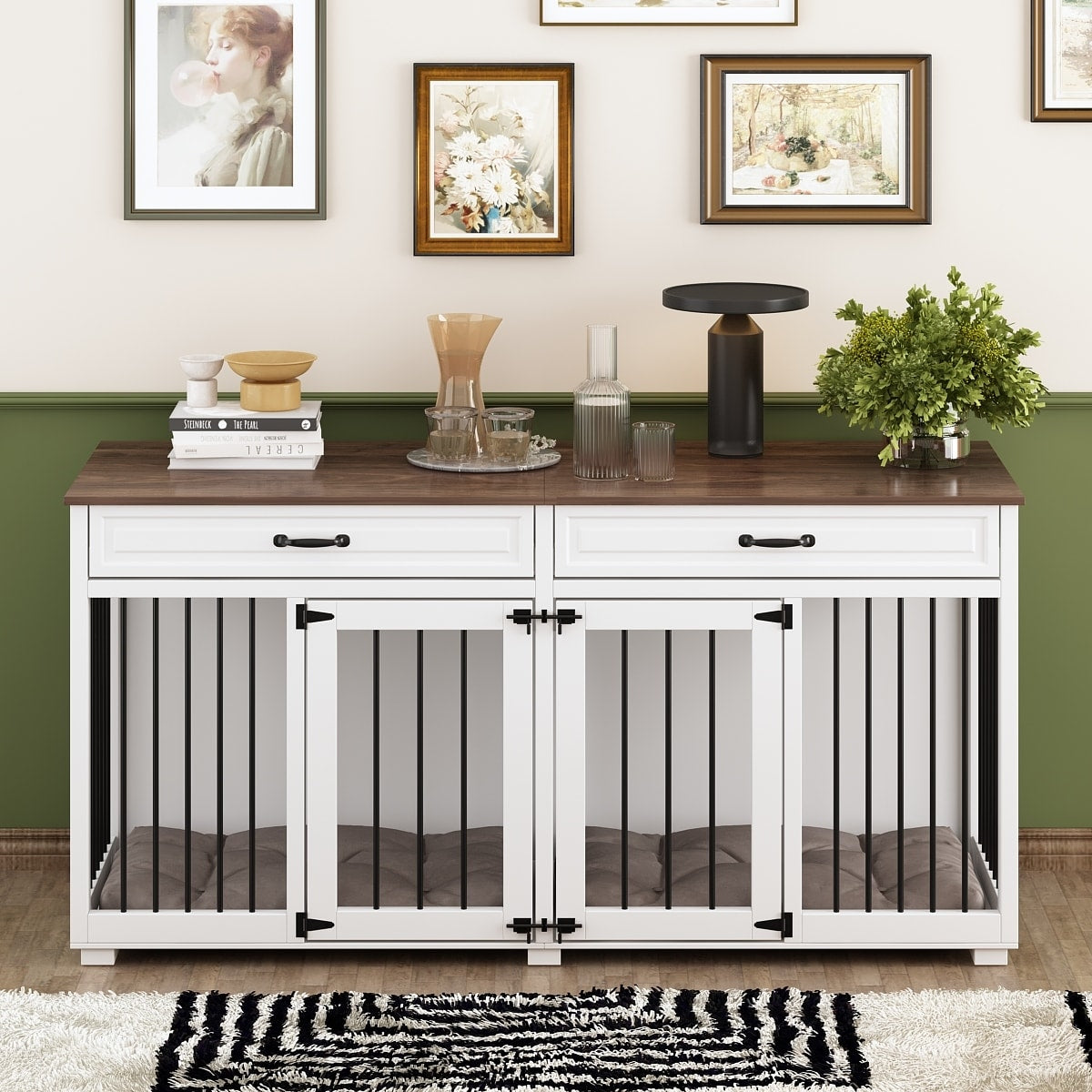 Casetta per cani in legno doppia con mobile contenitore, 2 cassetti e divisorio.