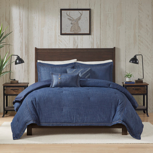Set di copripiumino in denim Perry Blue di Woolrich, extra grande e con imbottitura extra.