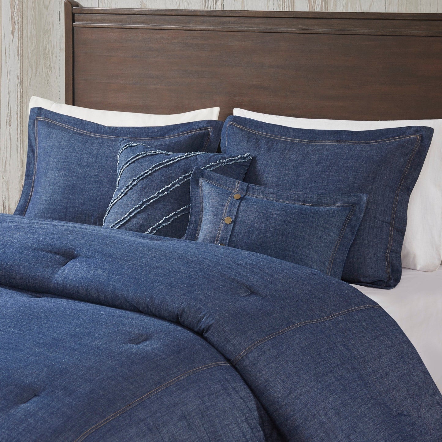 Set di copripiumino in denim Perry Blue di Woolrich, extra grande e con imbottitura extra.