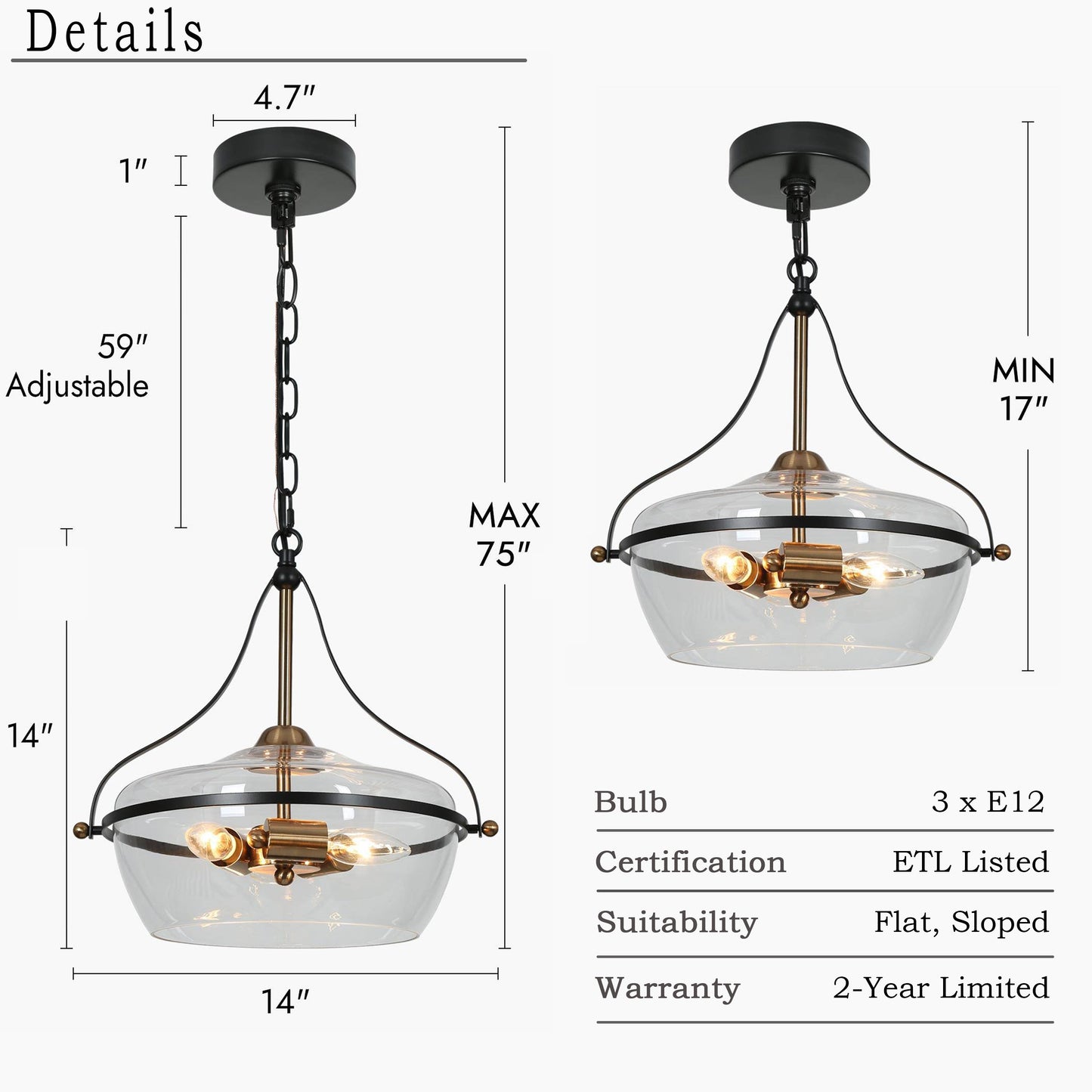 Zelena Lampada a Sospensione a 3 Luci in Vetro, Stile Moderno/Rustico, Nero e Oro, per Cucina, Isola, Sala da Pranzo