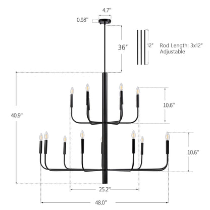Lampadario a candeliere minimalista a 15 luci, design antico a 2 livelli - 48