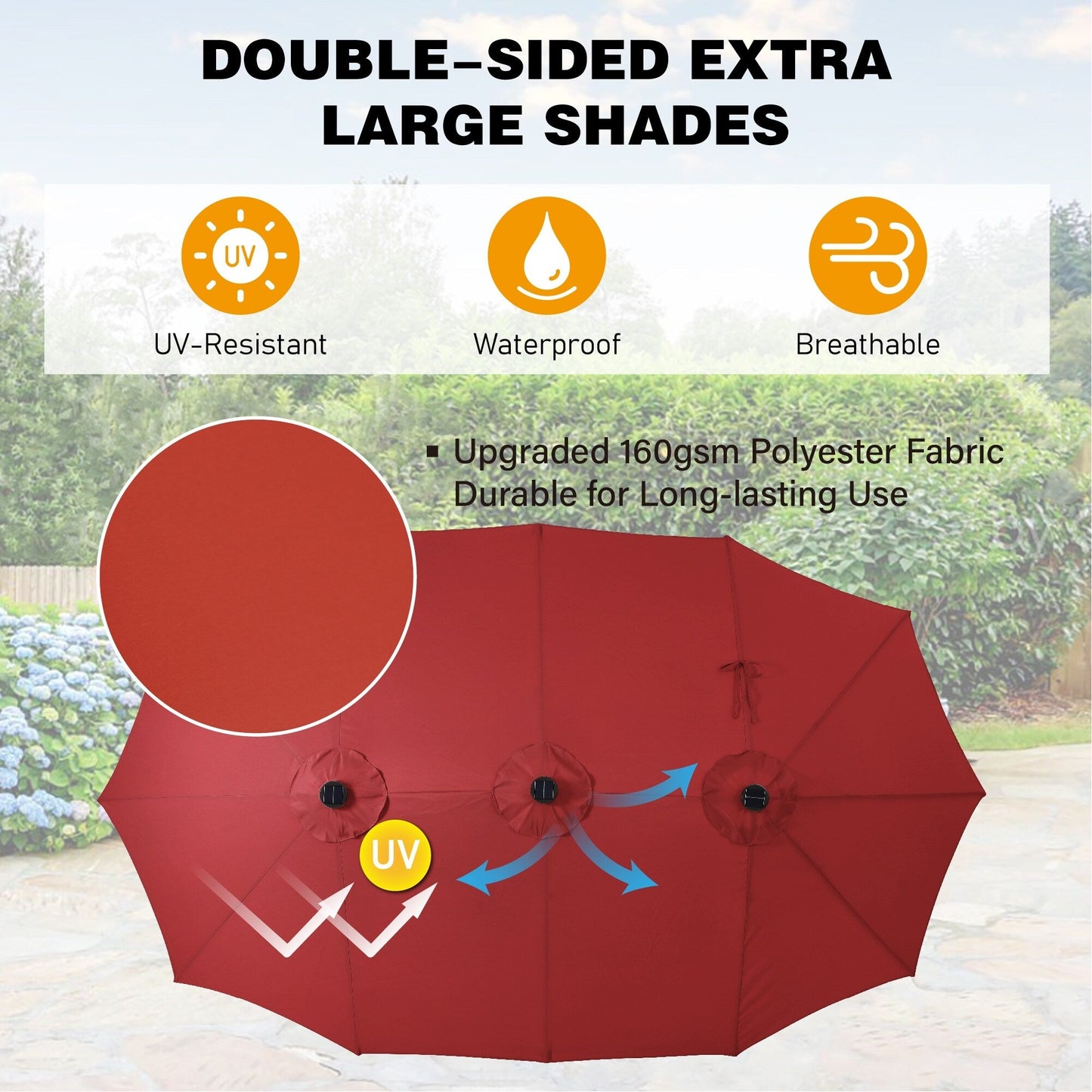 Ombrellone da giardino rettangolare da 4,5 metri a manovella, a doppio lato, con luci solari a LED, per esterni, con base inclusa.