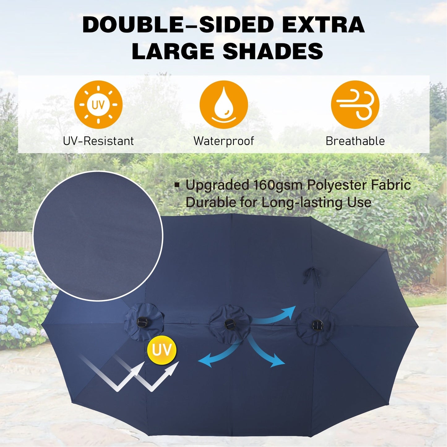 Ombrellone da giardino rettangolare da 4,5 metri a manovella, a doppio lato, con luci solari a LED, per esterni, con base inclusa.