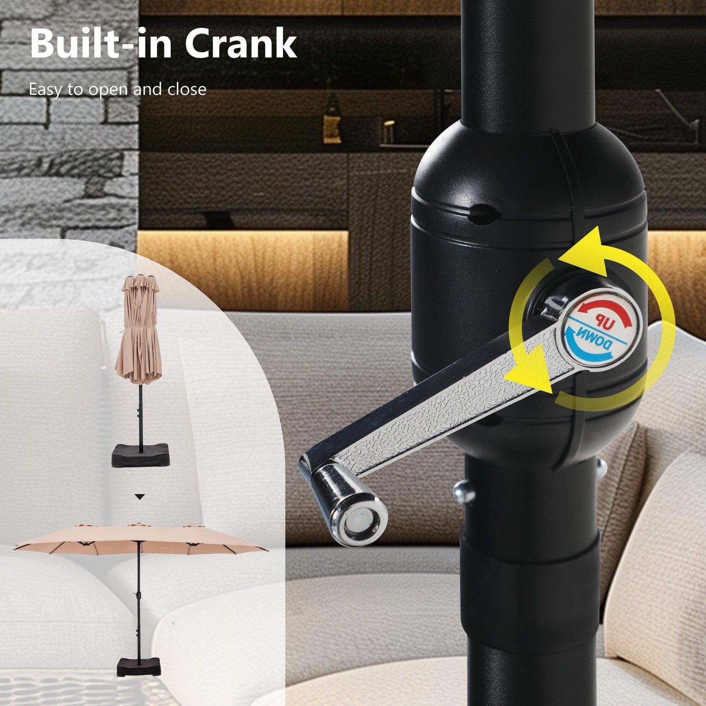 Ombrellone da giardino rettangolare da 4,5 metri a manovella, a doppio lato, con luci solari a LED, per esterni, con base inclusa.