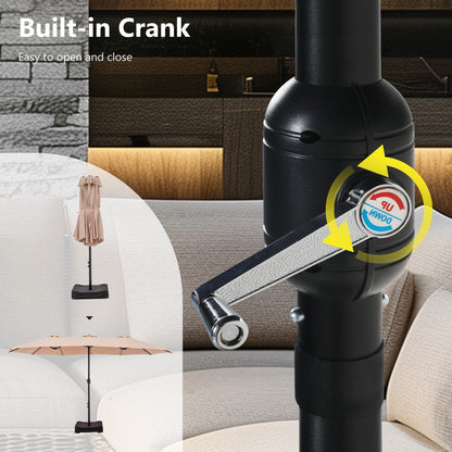 Ombrellone da giardino rettangolare da 4,5 metri a manovella, a doppio lato, con luci solari a LED, per esterni, con base inclusa.