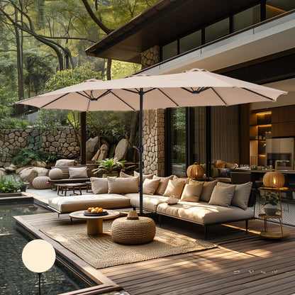 Ombrellone da giardino rettangolare da 4,5 metri a manovella, a doppio lato, con luci solari a LED, per esterni, con base inclusa.