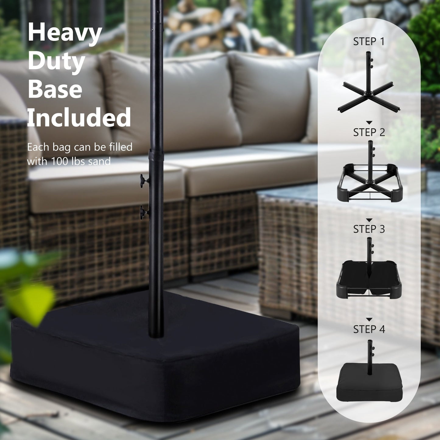 Ombrellone da giardino rettangolare da 4,5 metri a manovella, a doppio lato, con luci solari a LED, per esterni, con base inclusa.