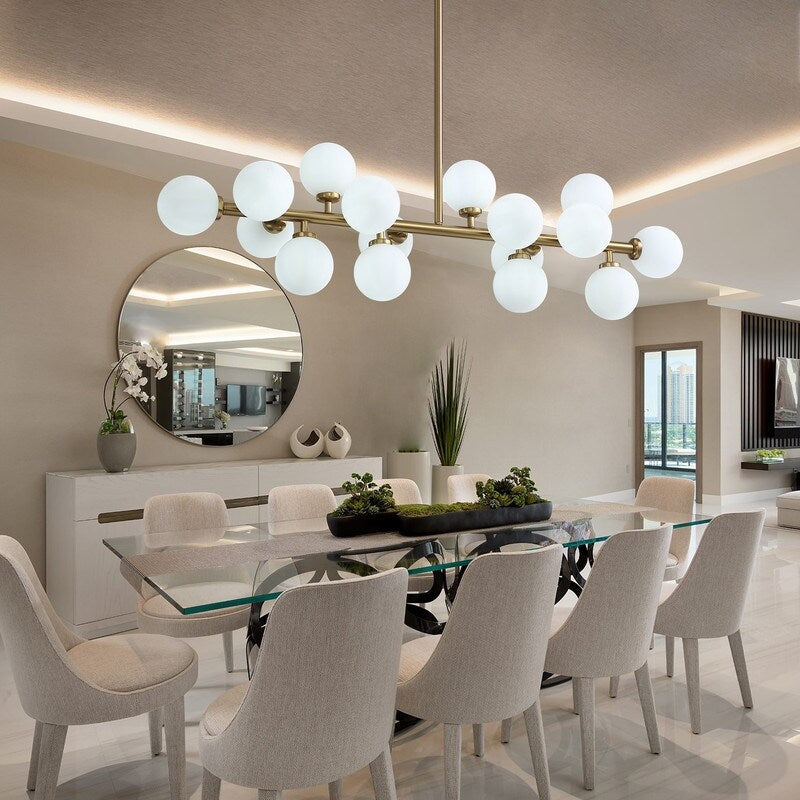 Lampadario lineare a 16 luci in ottone dorato, stile Mid-Century Modern, da 40 pollici, con paralume in vetro satinato, ideale per la sala da pranzo.
