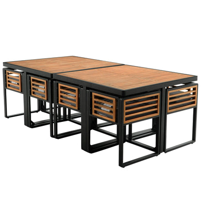 Set da pranzo da esterno in legno di acacia da 18 pezzi, 8 sedie imbottite e 8 pouf e 2 tavoli quadrati