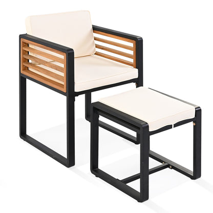 Set da pranzo da esterno in legno di acacia da 18 pezzi, 8 sedie imbottite e 8 pouf e 2 tavoli quadrati