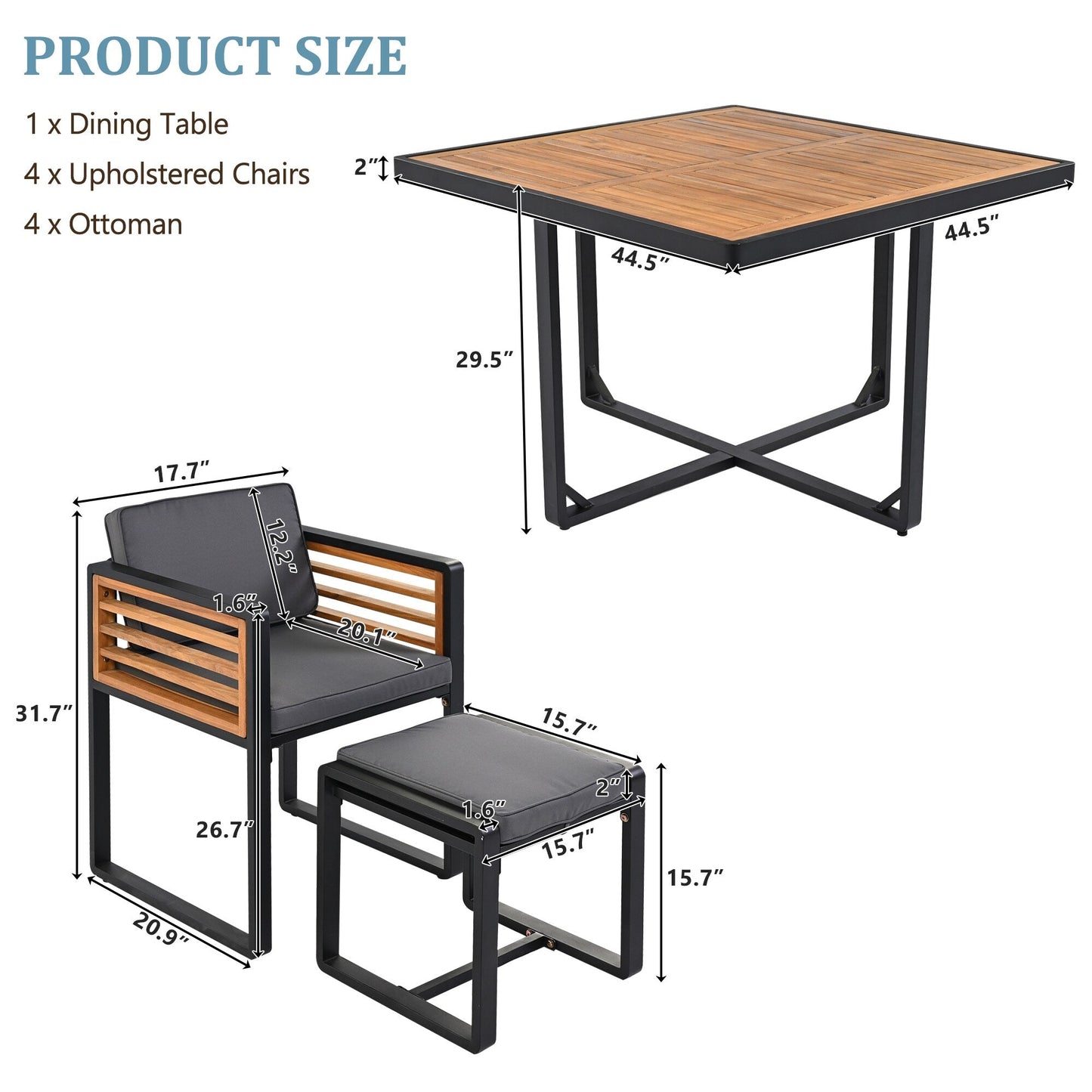 Set da pranzo da esterno in legno di acacia da 18 pezzi, 8 sedie imbottite e 8 pouf e 2 tavoli quadrati
