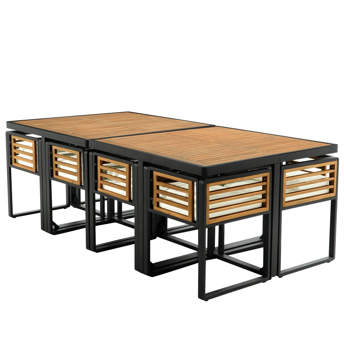 Set da pranzo da esterno in legno di acacia da 18 pezzi, 8 sedie imbottite e 8 pouf e 2 tavoli quadrati