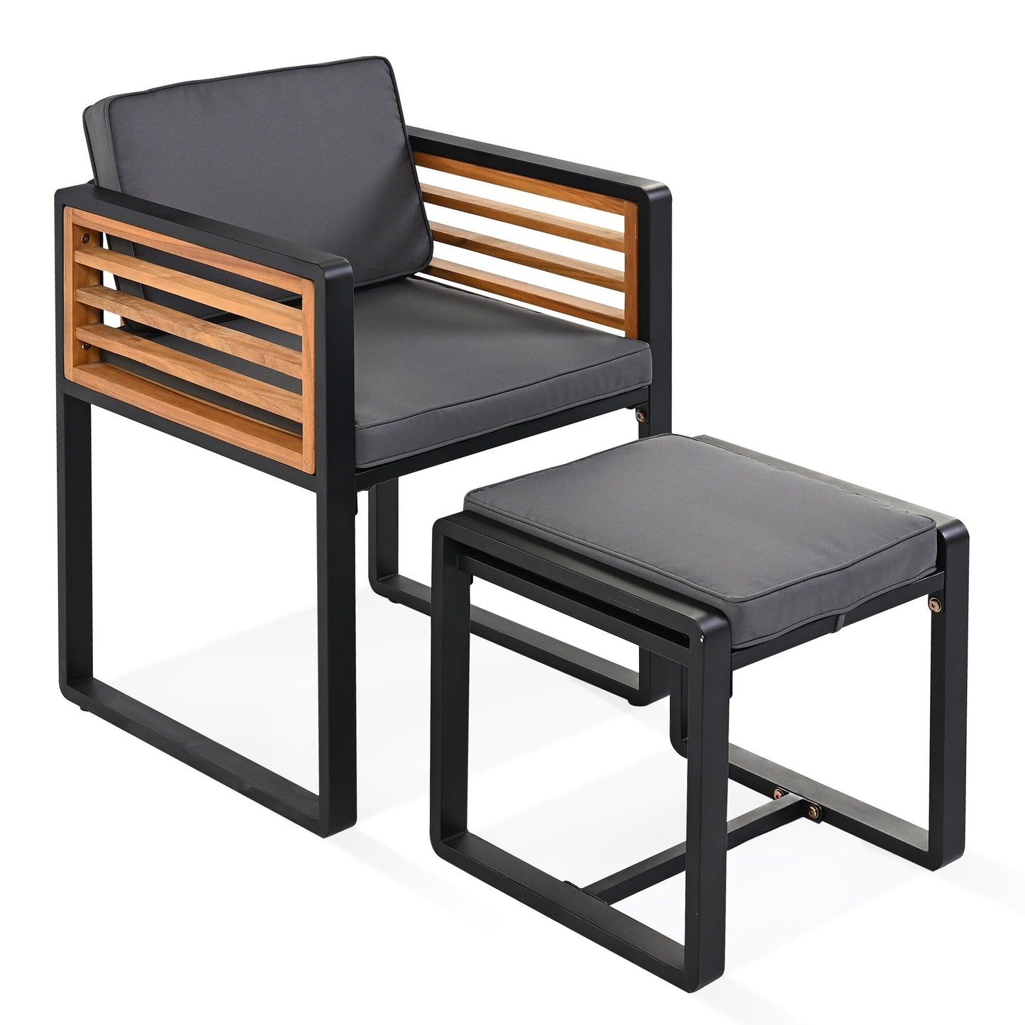 Set da pranzo da esterno in legno di acacia da 18 pezzi, 8 sedie imbottite e 8 pouf e 2 tavoli quadrati