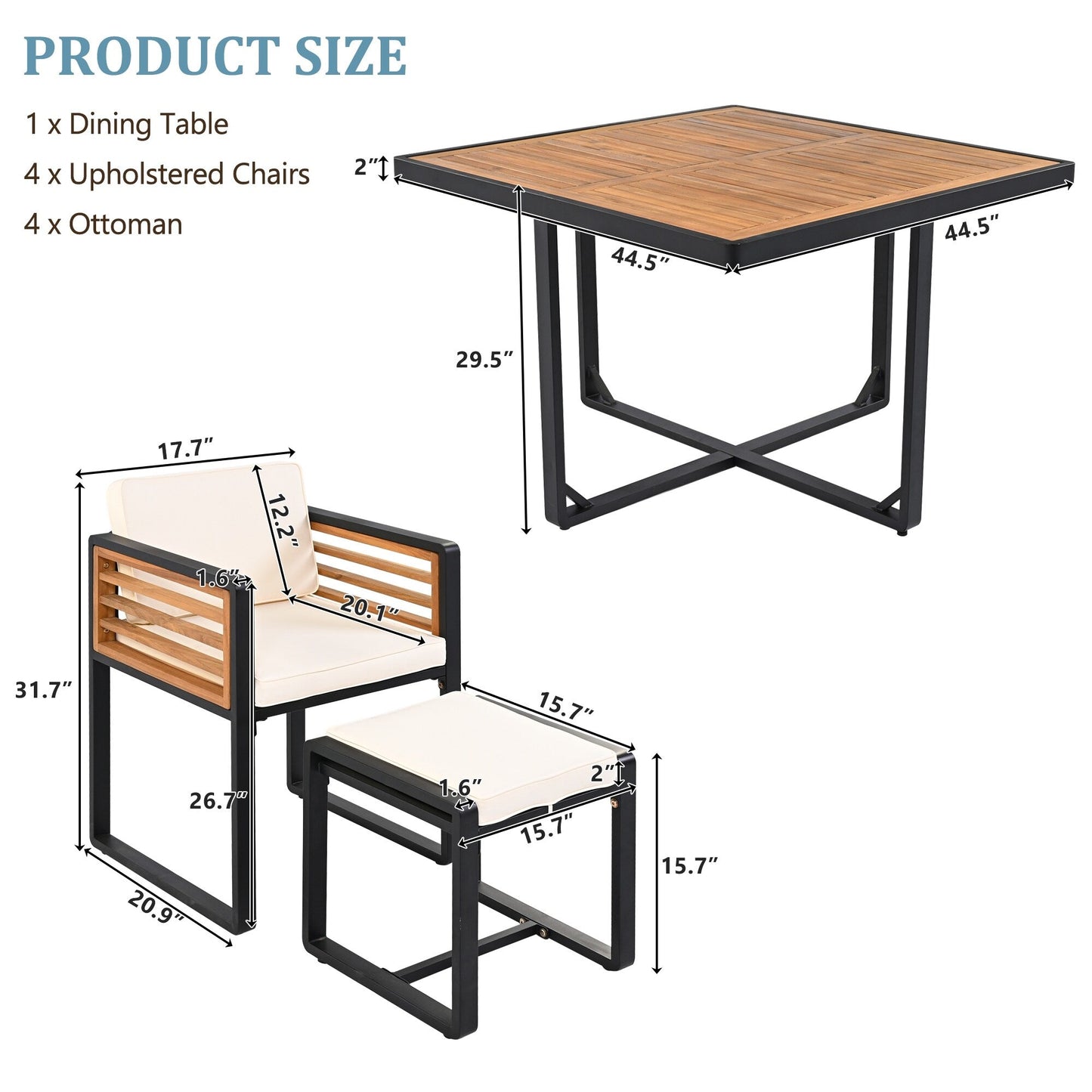 Set da pranzo da esterno in legno di acacia da 18 pezzi, 8 sedie imbottite e 8 pouf e 2 tavoli quadrati