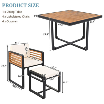 Set da pranzo da esterno in legno di acacia da 18 pezzi, 8 sedie imbottite e 8 pouf e 2 tavoli quadrati