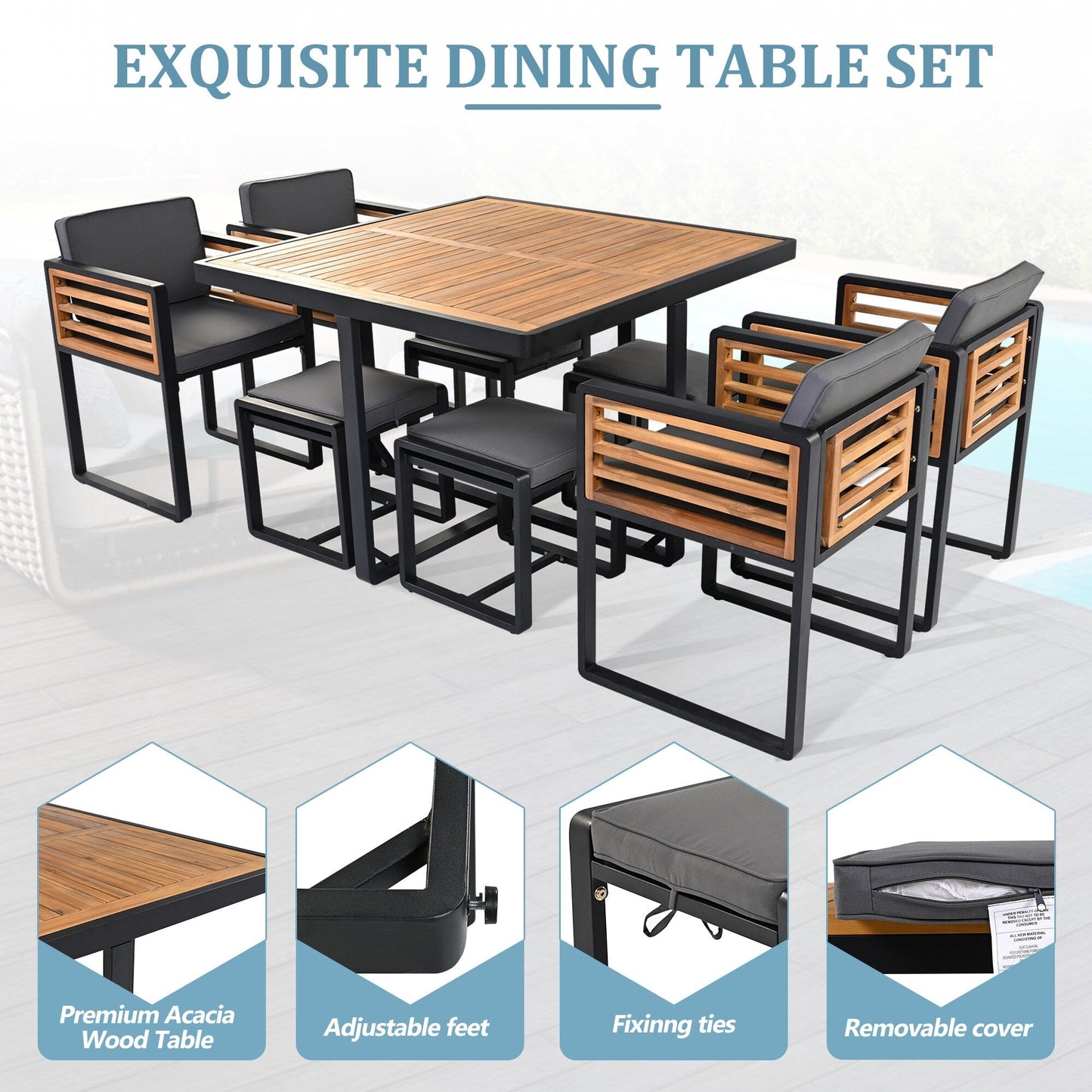 Set da pranzo da esterno in legno di acacia da 18 pezzi, 8 sedie imbottite e 8 pouf e 2 tavoli quadrati