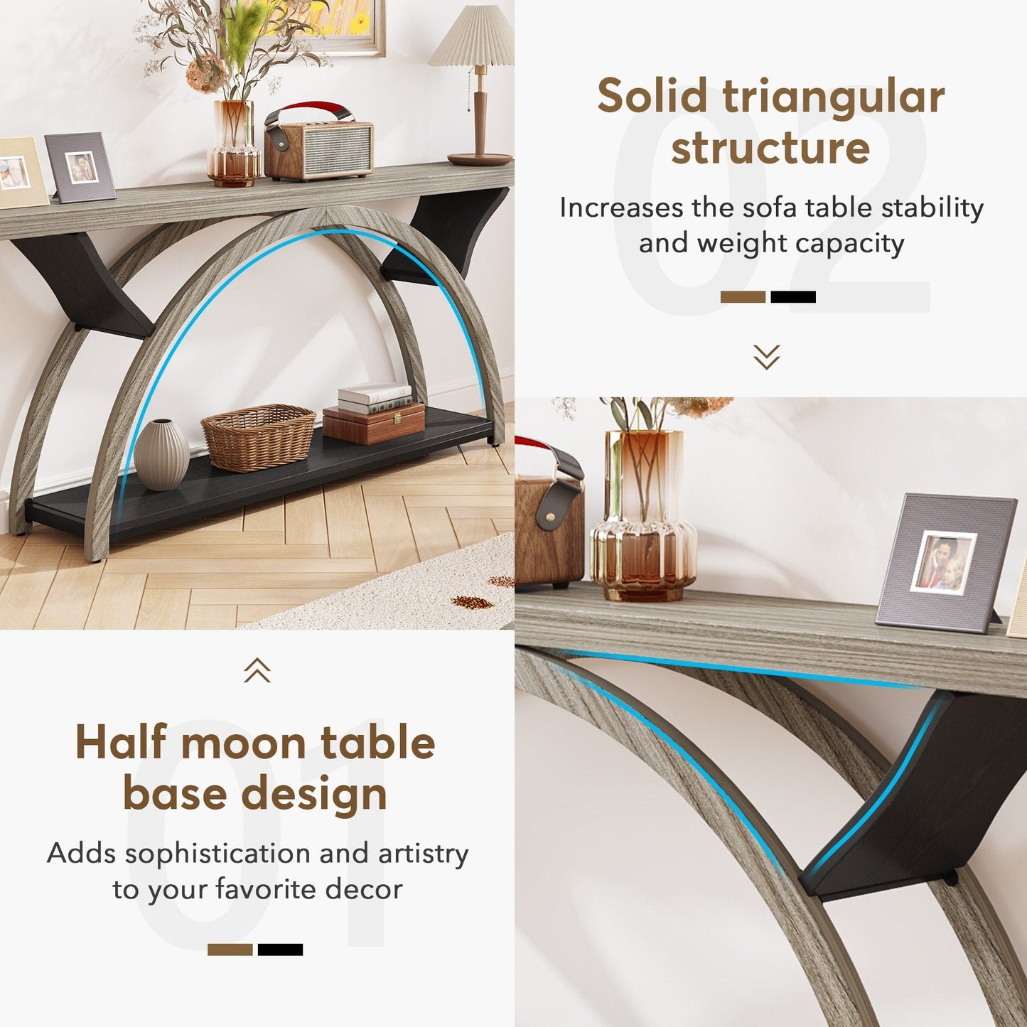 Tavolo da salotto a 2 ripiani, lungo e stretto, con struttura semicircolare, per ingresso, tavolini decorativi per corridoio, colore grigio.