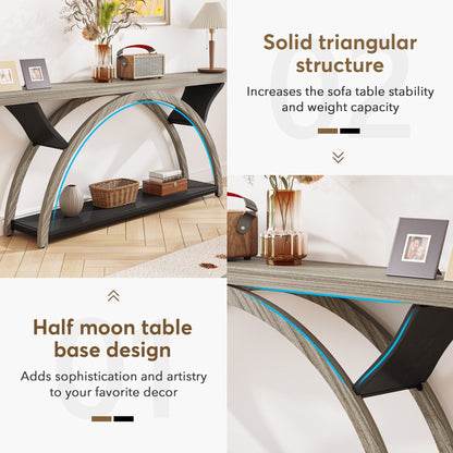 Tavolo da salotto a 2 ripiani, lungo e stretto, con struttura semicircolare, per ingresso, tavolini decorativi per corridoio, colore grigio.