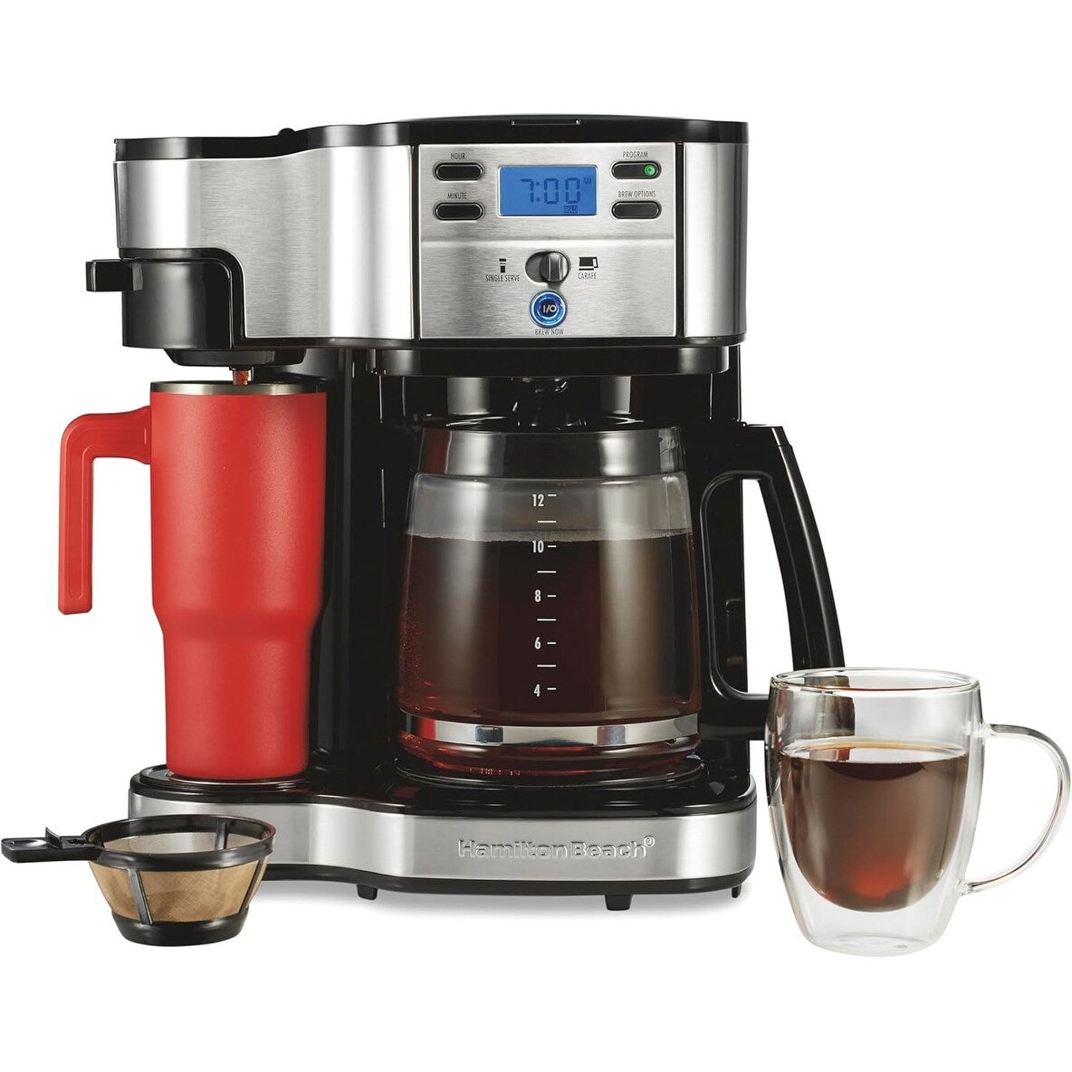Macchina per caffè 2-in-1, 12 tazze e monoporzione, brocca di vetro, funzione di pausa e versamento automatico, nera.