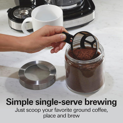 Macchina per caffè 2-in-1, 12 tazze e monoporzione, brocca di vetro, funzione di pausa e versamento automatico, nera.