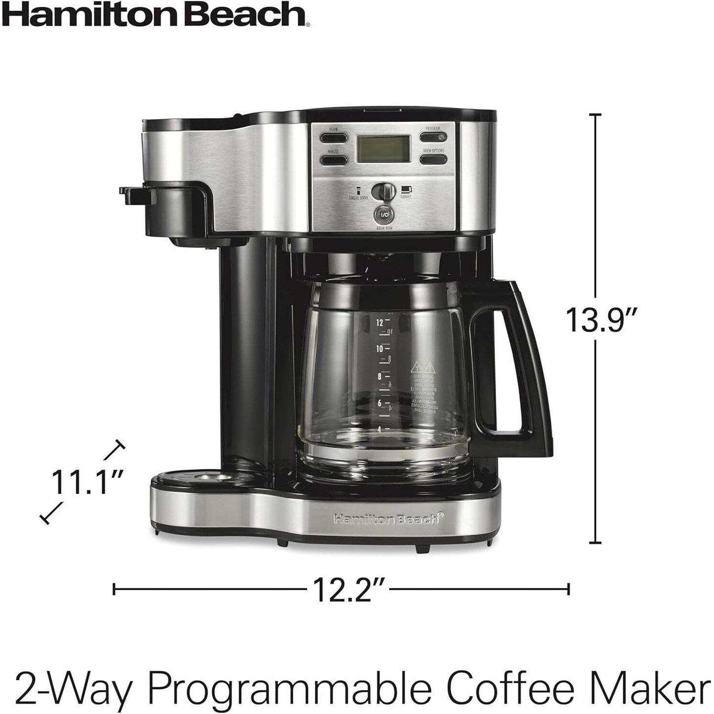Macchina per caffè 2-in-1, 12 tazze e monoporzione, brocca di vetro, funzione di pausa e versamento automatico, nera.