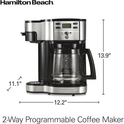 Macchina per caffè 2-in-1, 12 tazze e monoporzione, brocca di vetro, funzione di pausa e versamento automatico, nera.