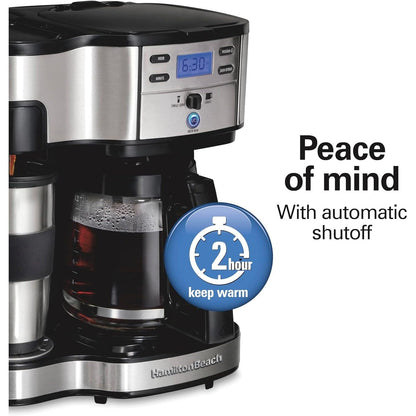 Macchina per caffè 2-in-1, 12 tazze e monoporzione, brocca di vetro, funzione di pausa e versamento automatico, nera.