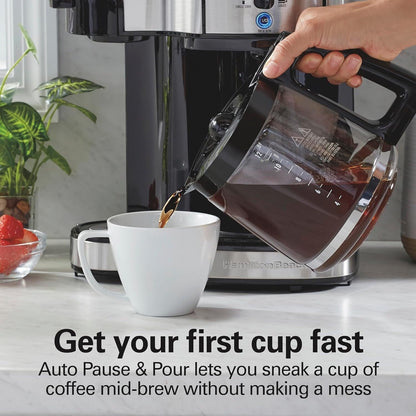 Macchina per caffè 2-in-1, 12 tazze e monoporzione, brocca di vetro, funzione di pausa e versamento automatico, nera.