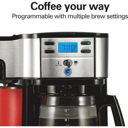 Macchina per caffè 2-in-1, 12 tazze e monoporzione, brocca di vetro, funzione di pausa e versamento automatico, nera.