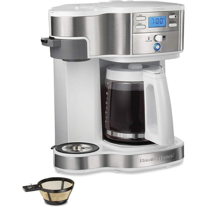 Macchina per caffè 2-in-1, 12 tazze, con funzione per una singola porzione, brocca di vetro, pausa e versamento automatici, bianca.